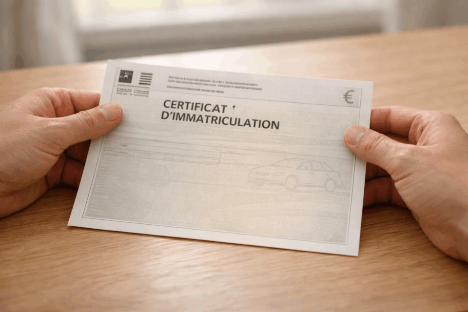 une paire de mains du conjoint survivant posées sur une table, tenant une carte grise ou des papiers administratifs