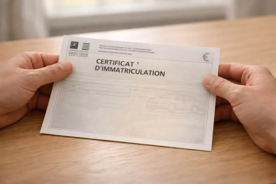 une paire de mains du conjoint survivant posées sur une table, tenant une carte grise ou des papiers administratifs